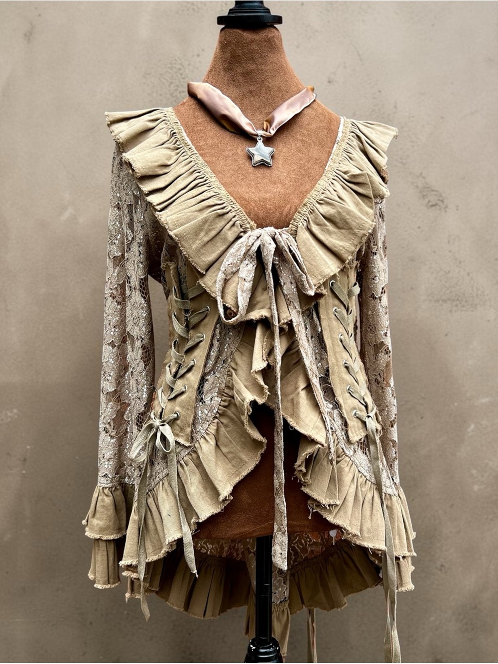 NWT Jaded Gypsy Swoon With Grace Lace Ruffle Jacket in Olive Green One Size